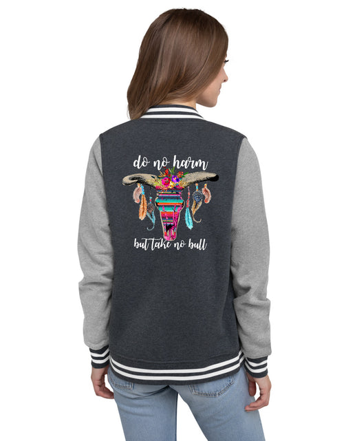 Load image into Gallery viewer, Do No Harm But Take No Bull Women&#39;s Letterman Jacket
