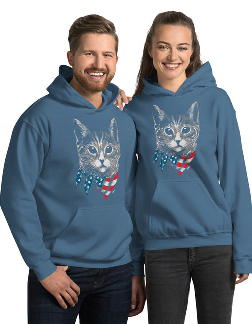 Load image into Gallery viewer, Blue 4th of July Patriot Cat Unisex Hoodie
