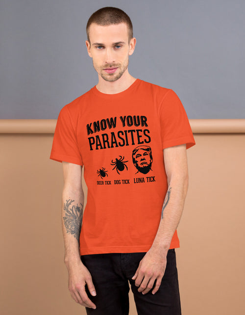 Load image into Gallery viewer, Know Your Parasites Trump T-Shirt Orange
