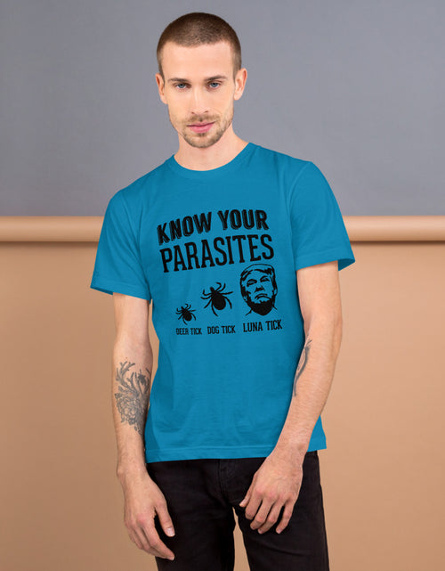 Load image into Gallery viewer, Know Your Parasites Trump T-Shirt Blue
