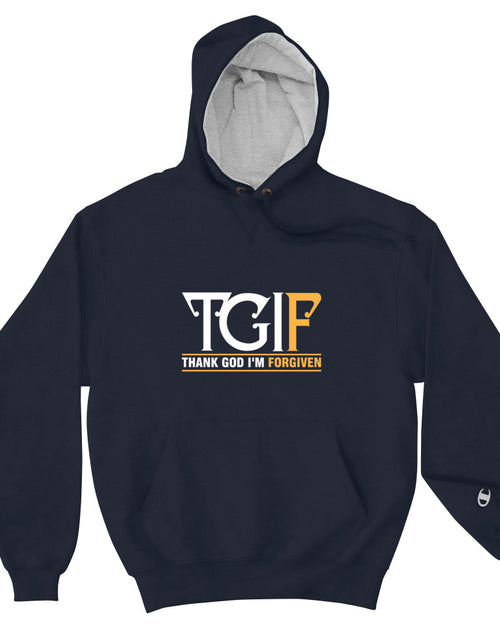 Load image into Gallery viewer, Thank God I Am Forgiven Champion Hoodie Navy
