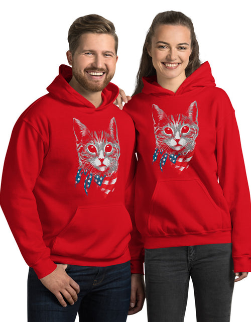 Load image into Gallery viewer, Red 4th of July Patriot Cat Unisex Hoodie
