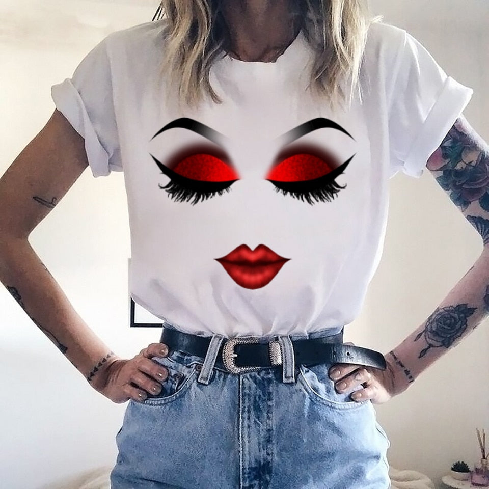 Makeup Red lip Prints Girls TShirts