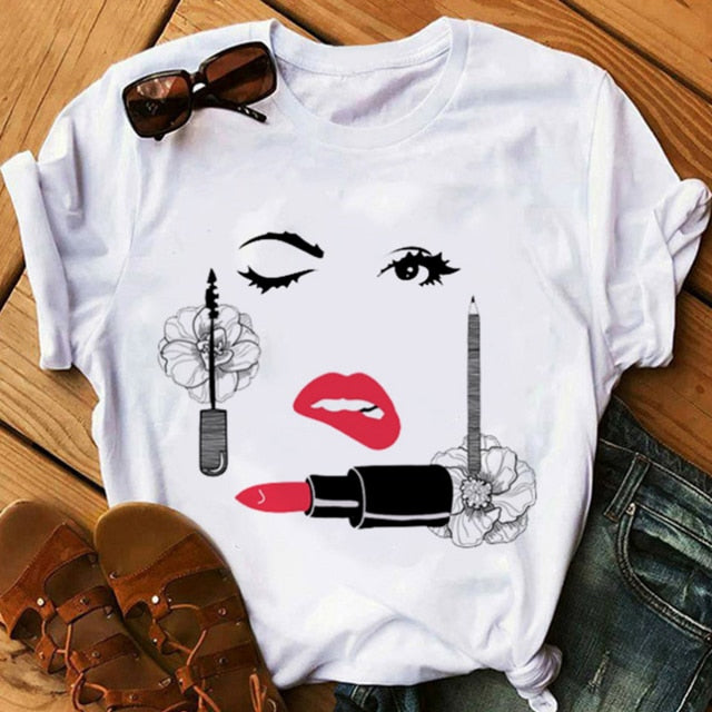 Makeup Red lip Prints Girls TShirts