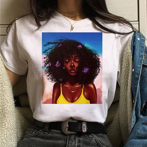 Load image into Gallery viewer, Vogue T Shirt Women Melanin T Shirt Black African Curly Hair Girl Printed Tshirt Femme Harajuku Clothes Female T-shirt Tops Tee
