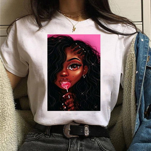 Load image into Gallery viewer, Vogue T Shirt Women Melanin T Shirt Black African Curly Hair Girl Printed Tshirt Femme Harajuku Clothes Female T-shirt Tops Tee
