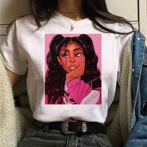 Load image into Gallery viewer, Vogue T Shirt Women Melanin T Shirt Black African Curly Hair Girl Printed Tshirt Femme Harajuku Clothes Female T-shirt Tops Tee
