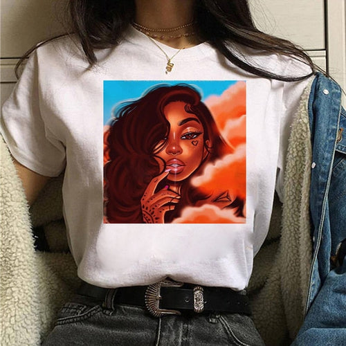 Load image into Gallery viewer, Vogue T Shirt Women Melanin T Shirt Black African Curly Hair Girl Printed Tshirt Femme Harajuku Clothes Female T-shirt Tops Tee
