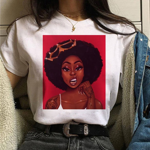 Load image into Gallery viewer, Vogue T Shirt Women Melanin T Shirt Black African Curly Hair Girl Printed Tshirt Femme Harajuku Clothes Female T-shirt Tops Tee
