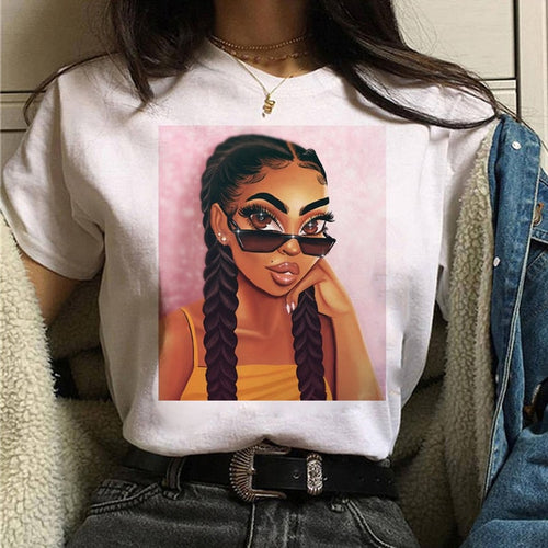 Load image into Gallery viewer, Vogue T Shirt Women Melanin T Shirt Black African Curly Hair Girl Printed Tshirt Femme Harajuku Clothes Female T-shirt Tops Tee
