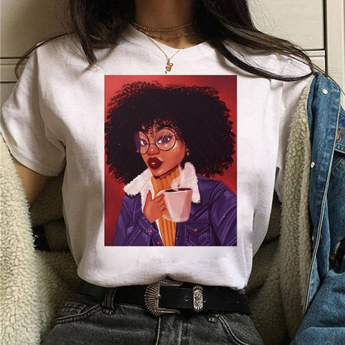 Load image into Gallery viewer, Vogue T Shirt Women Melanin T Shirt Black African Curly Hair Girl Printed Tshirt Femme Harajuku Clothes Female T-shirt Tops Tee
