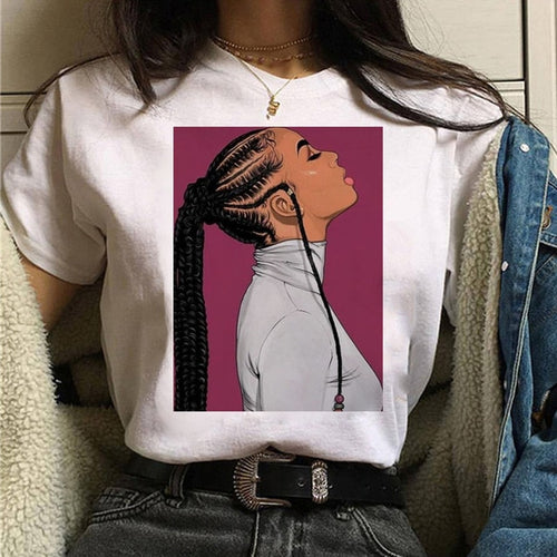 Load image into Gallery viewer, Vogue T Shirt Women Melanin T Shirt Black African Curly Hair Girl Printed Tshirt Femme Harajuku Clothes Female T-shirt Tops Tee
