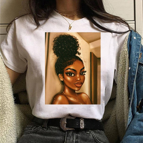 Load image into Gallery viewer, Vogue T Shirt Women Melanin T Shirt Black African Curly Hair Girl Printed Tshirt Femme Harajuku Clothes Female T-shirt Tops Tee
