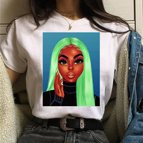 Load image into Gallery viewer, Vogue T Shirt Women Melanin T Shirt Black African Curly Hair Girl Printed Tshirt Femme Harajuku Clothes Female T-shirt Tops Tee
