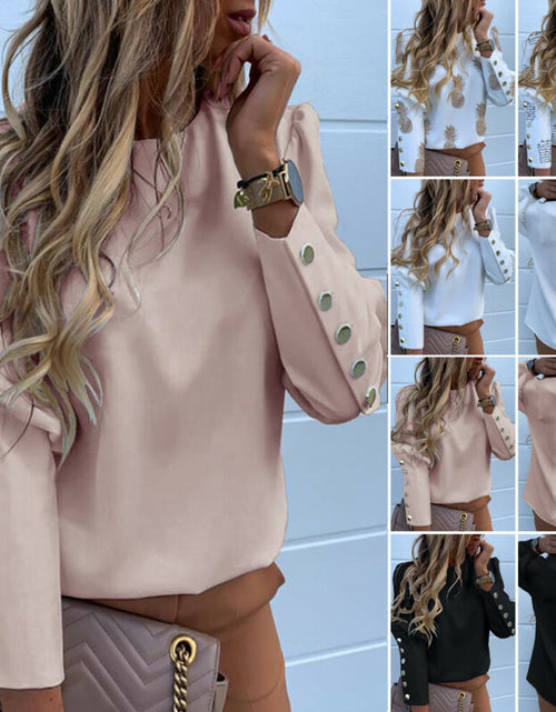 Load image into Gallery viewer, Long Sleeve Metal Buttons Casual O Neck Printed Top
