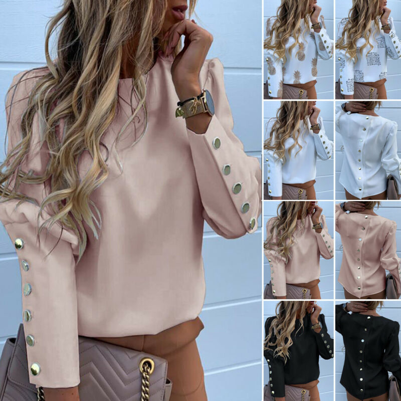 Long Sleeve Metal Buttons Casual O Neck Printed Top