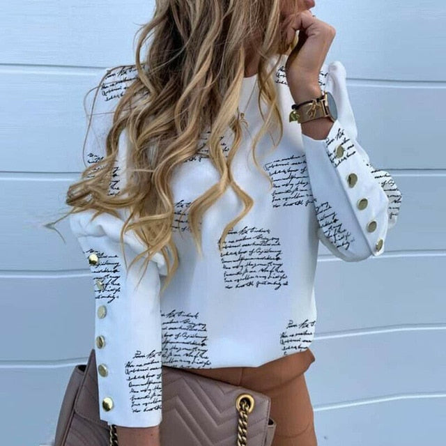 Long Sleeve Metal Buttons Casual O Neck Printed Top