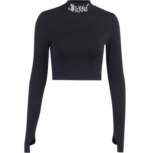 Load image into Gallery viewer, Black Bodycon Long Sleeve Crop Tops Gothic Solid
