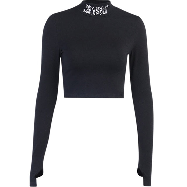 Black Bodycon Long Sleeve Crop Tops Gothic Solid