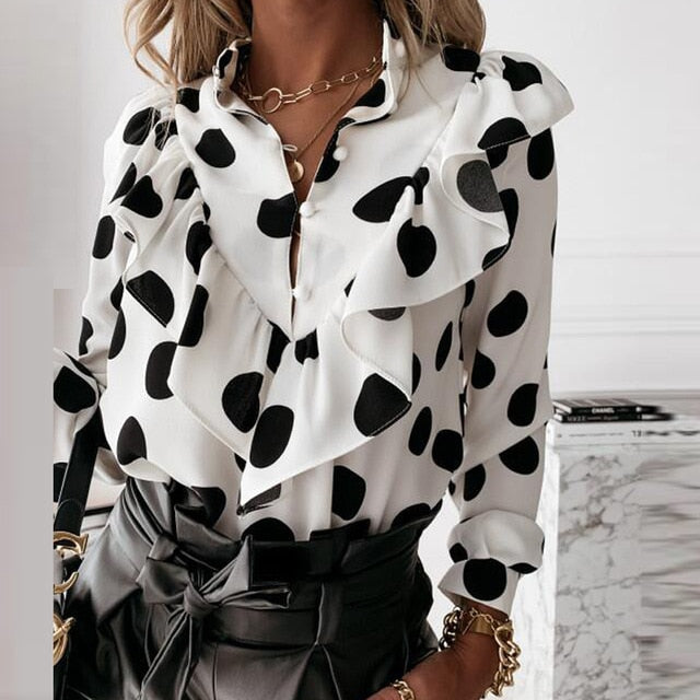 Polka Dot Ruffle Long Sleeve V-Necks and Pullovers