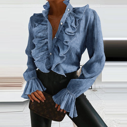 Load image into Gallery viewer, Polka Dot Ruffle Long Sleeve V-Necks and Pullovers
