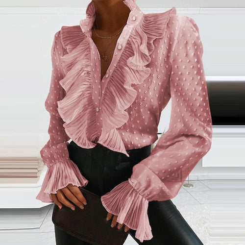 Load image into Gallery viewer, Polka Dot Ruffle Long Sleeve V-Necks and Pullovers
