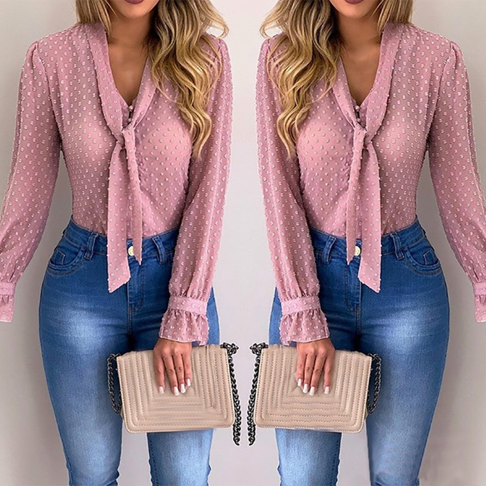 New Elegant Chiffon Long Sleeve V-Neck Top