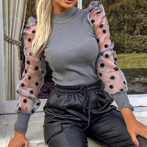 Load image into Gallery viewer, Knitted Polka Dot Puff Long Sleeve Top
