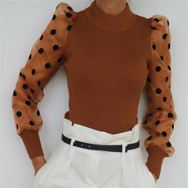 Knitted Polka Dot Puff Long Sleeve Top