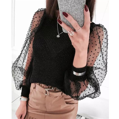 Load image into Gallery viewer, Knitted Polka Dot Puff Long Sleeve Top
