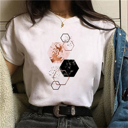 Load image into Gallery viewer, Geometric Prints on White Short Sleeve TShirt
