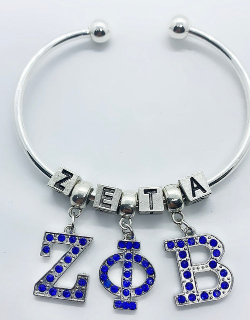 Load image into Gallery viewer, Blue rhinestone inlaid metal Greek letter ZETA PHI BETA pendant big hole beads bracelet sorority society opening wire bangle
