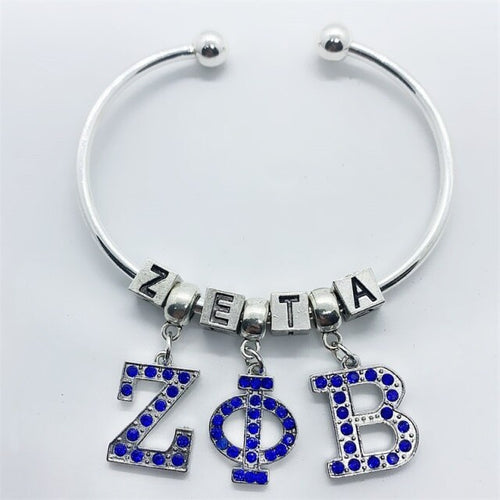 Load image into Gallery viewer, Blue rhinestone inlaid metal Greek letter ZETA PHI BETA pendant big hole beads bracelet sorority society opening wire bangle
