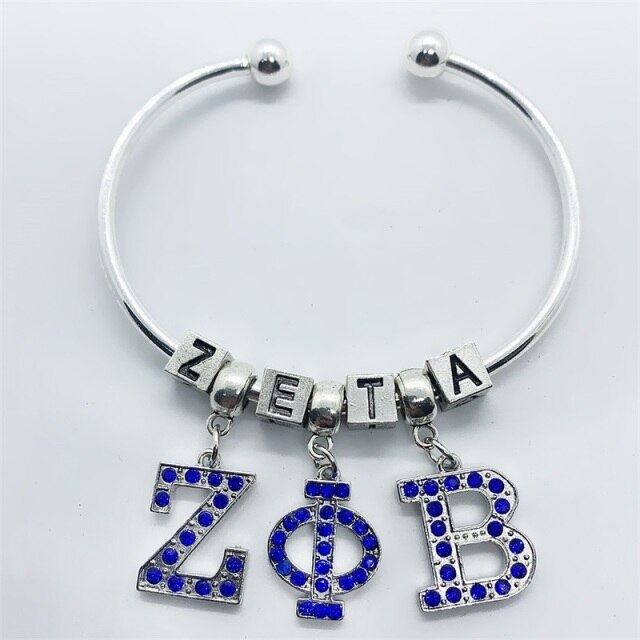 Blue rhinestone inlaid metal Greek letter ZETA PHI BETA pendant big hole beads bracelet sorority society opening wire bangle