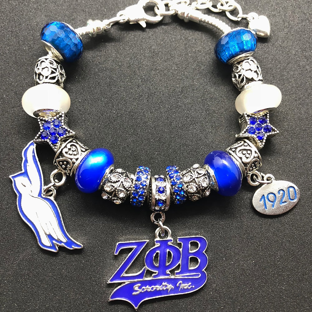 Fashion ZETA PHI BETA sorority society symbol jewellery enamel metal Dove pendant big hole beads bangle bracelet