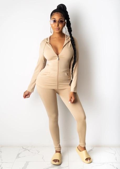 Two Piece Set, Long Sleeve Hooded Sporty Top with Matching Leggings