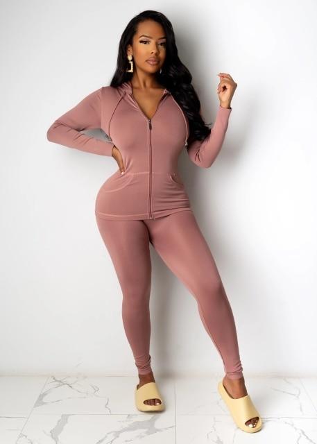 Two Piece Set, Long Sleeve Hooded Sporty Top with Matching Leggings