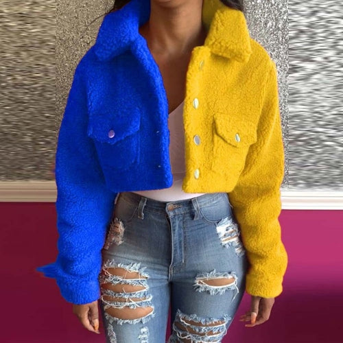 Load image into Gallery viewer, Yellow Blue Color Block Spliced Crop Jackets Women Casual Turn Down Collar Long Sleeve Coat Fall Winter Button Pocket Outwears
