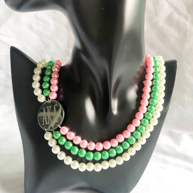 Exquisite Pink Green ALPHA DST ZPB sorority society Pearl Stainless Steel Necklace