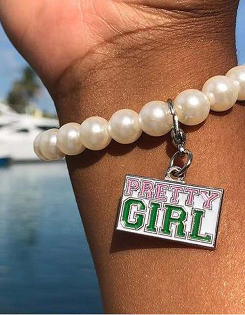 Load image into Gallery viewer, Pink And Green Greek Sorority Pretty Girl Charm Pearl Bracelet Jewelry
