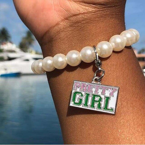 Load image into Gallery viewer, Pink And Green Greek Sorority Pretty Girl Charm Pearl Bracelet Jewelry
