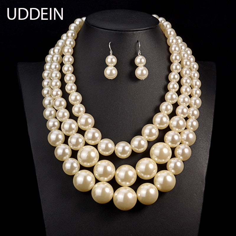 UDDEIN Big Pearl Jewelry Bridal Necklace Sets Vintage Statement Choker Collar Wedding Accessory Multi layer Beads Jewelry Set